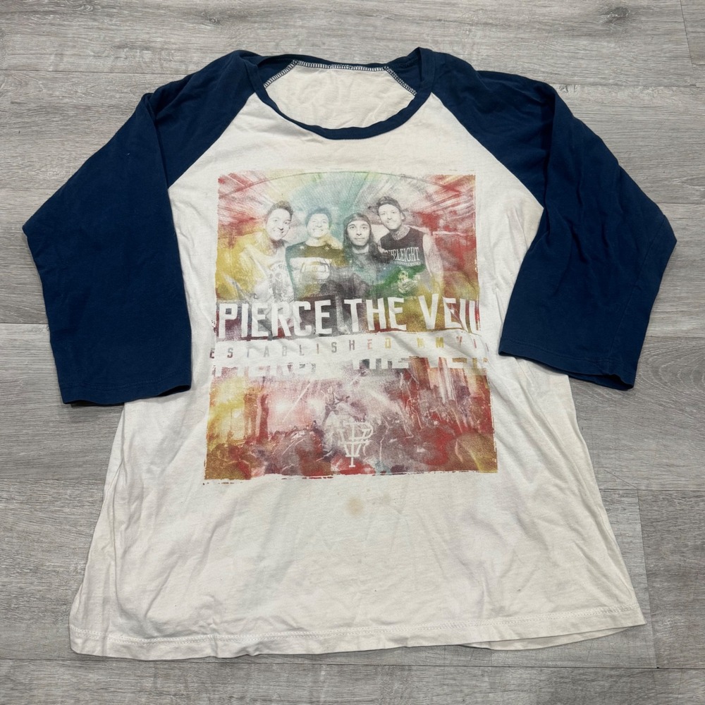 Pierce The Veil Band Shirt Mens Large White Blue Raglan Baseball Tee Graphic